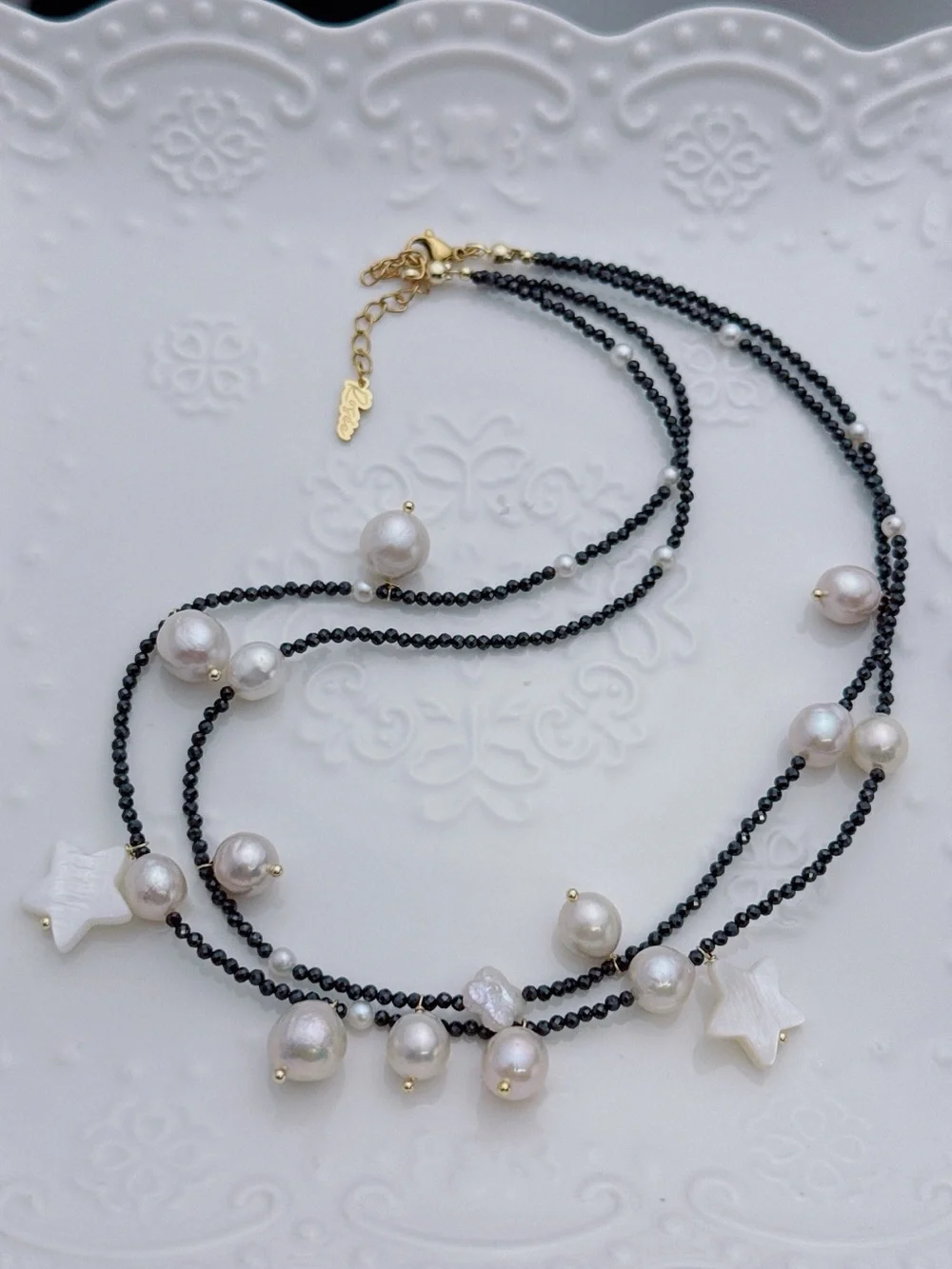 26X520 Handmade Edison Baroque Pearl Black Spinel Double Layer Necklace 16+2”